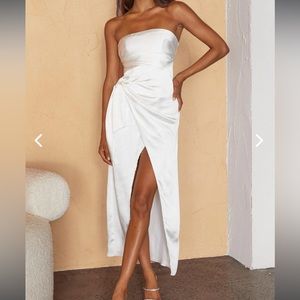GIANNA STRAPLESS WAIST TIE MIDI DRESS WHITE